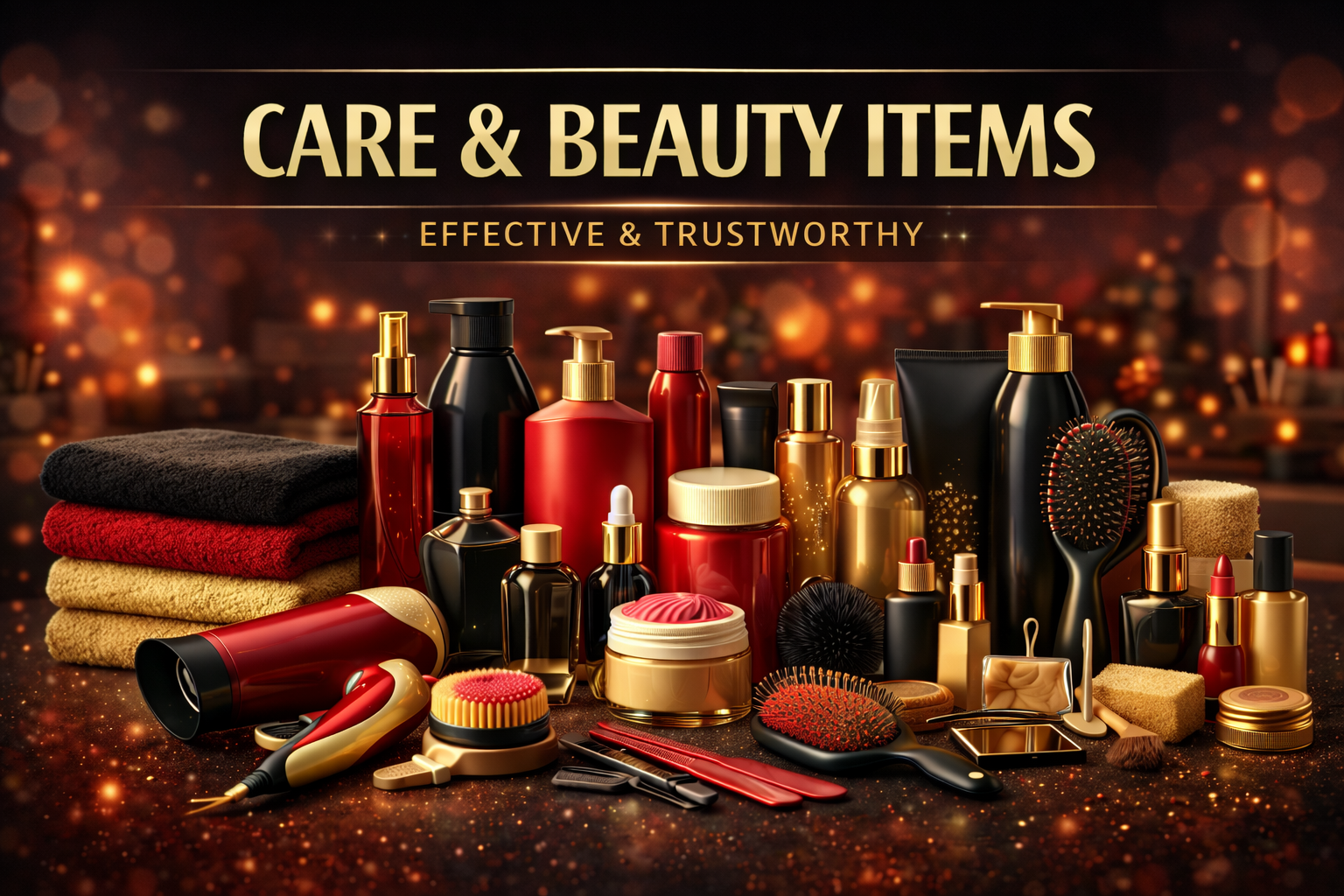 Collection of care and beauty items on a dark background with 'Care & Beauty Items' text.